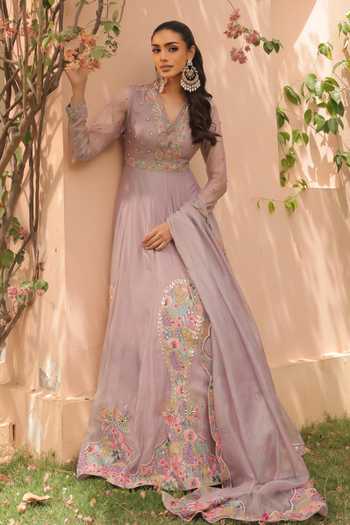 Label Astha Chhabra Lilac Crushed Silk Organza Anarkali Set 