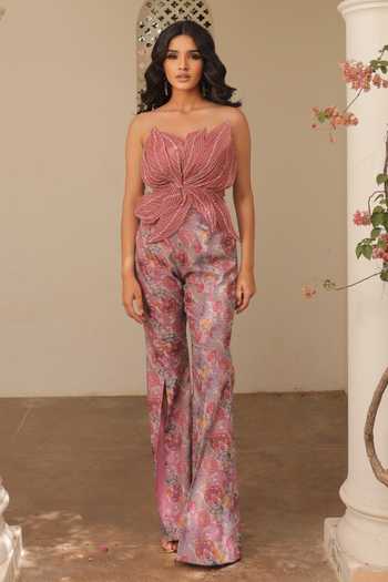 Label Astha Chhabra Pink Organza Embroidered Corset & Bellbottom Pant Set 