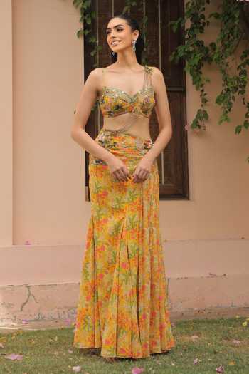 Label Astha Chhabra Designer Yellow Pre-Draped Saree & Blouse 