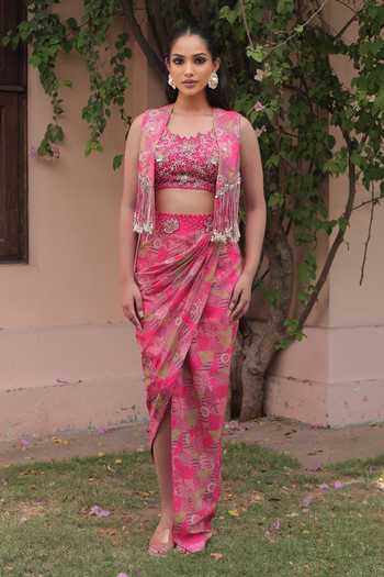 Label Astha Chhabra Hot Pink Designer Jacket & Skirt Set 