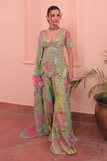 Label Astha Chhabra Green Pink Tie Dye Designer Set 