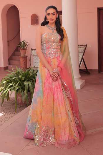 Label Astha Chhabra Designer Green Pink Tie Dye Lehenga Set 