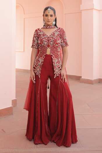 Label Astha Chhabra Maroon Embroidered Jacket Kurta Set 
