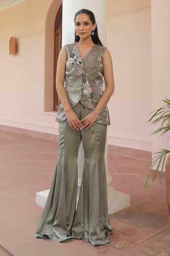 Label Astha Chhabra Olive Green Embroidered Tunic & Bellbottom Pant 