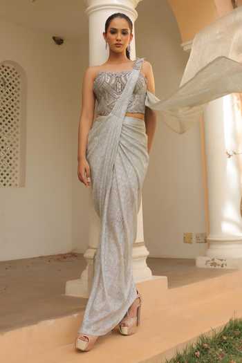 Label Astha Chhabra Silver Embroidered Pre-Draped Saree & Corset 