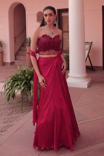 Label Astha Chhabra Red Designer Corset & Draped Skirt Set 