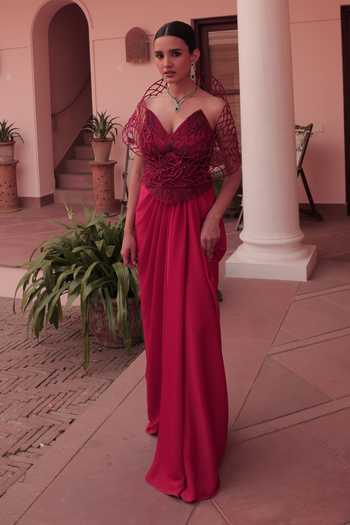 Label Astha Chhabra Red Designer Corset & Draped Skirt Set 