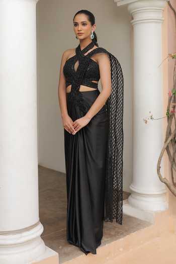 Label Astha Chhabra Black Pre-Draped Saree & Blouse Set 