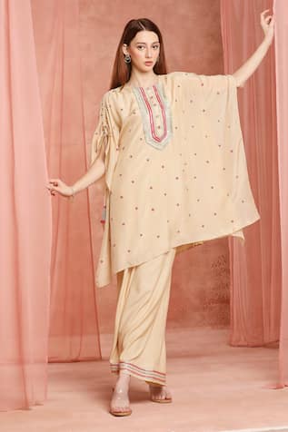 Neha Mehra Beige Silk Designer Kaftan & Pant Set 