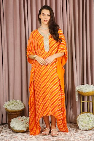 Neha Mehra Striped Rust Orange Kaftan 