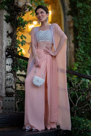 Neha Mehra Peach Georgette Draped Skirt Cape Set 