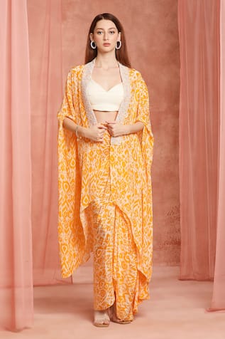 Neha Mehra Orange Crepe Cape & Draped Skirt Set 