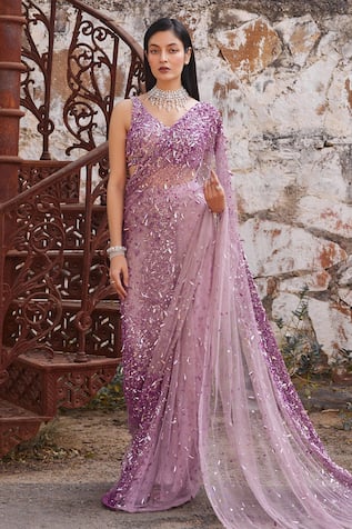 Mehul Gupta Lavender Hand Embroidered Pre-Draped Saree With Blouse 