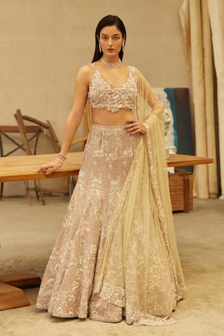 Mehul Gupta Purple Hand Embroidered Lehenga Set 