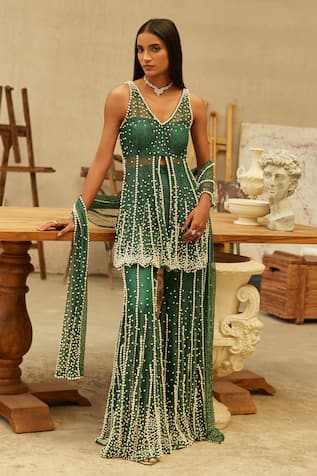 Mehul Gupta Green Hand Embroidered Kurta Sharara Set 