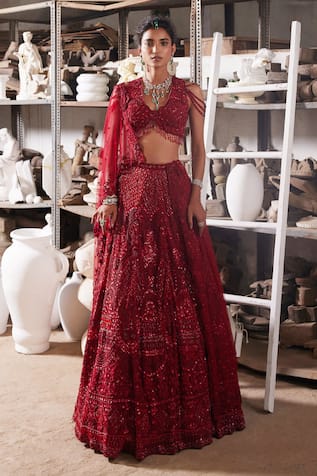 Mehul Gupta Red Hand Embroidered Lehenga Set 