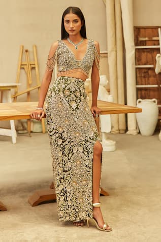 Mehul Gupta Gold & Olive Hand Embroidered Skirt Set 