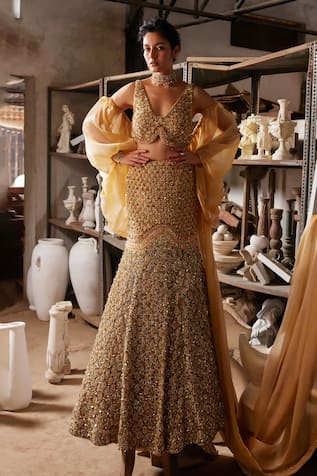 Mehul Gupta Gold Hand Embroidered Lehenga Set 