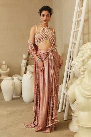 Mehul Gupta Rose Pink Hand Embroidered Pre-Draped Saree 