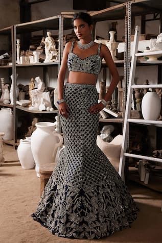 Mehul Gupta Silver & Blue Hand Embroidered Lehenga Set 
