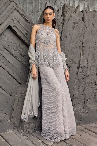 Mehul Gupta Silver Hand Embroidered Tunic Sharara Set 