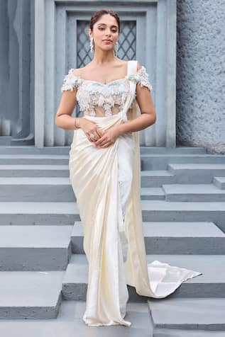 Mehul Gupta Ivory & Coral Hand Embroidered Saree Set 