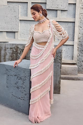 Mehul Gupta Baby Pink Hand Embroidered Pre-Draped Saree Set 