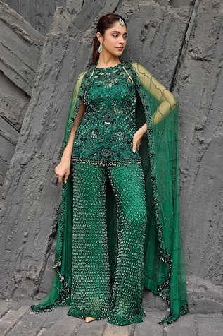 Mehul Gupta Green Hand Embroidered Tunic Sharara Set 