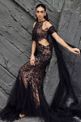 Mehul Gupta Black Hand Embroidered Gown & Dupatta Set 