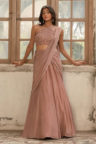 Parshya Mauve Pink Hand Embroidered Saree Set 