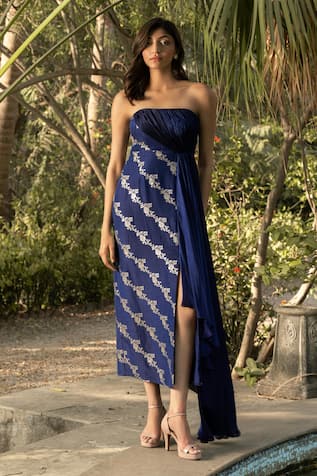 Parshya Blue Strapless Embroidered Dress 