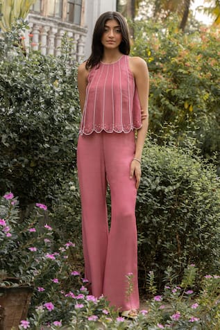Parshya Pink Hand Embroidered Top & Pant Set 