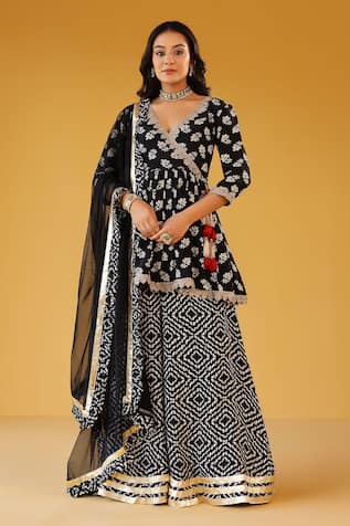Palak & Mehak Black Floral Print Angarkha Set 