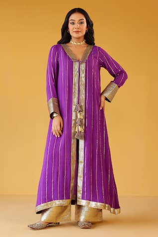 Palak & Mehak Purple Striped Kurta Set 