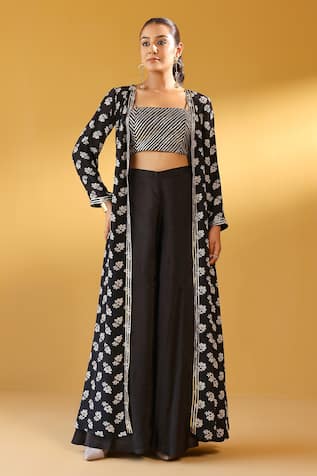 Palak & Mehak Black Floral Print Jacket & Pant Set 