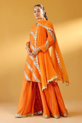 Palak & Mehak Designer Orange Chanderi Kurta Sharara Set 