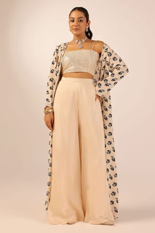 Palak & Mehak Beige Floral Print Jacket Set 