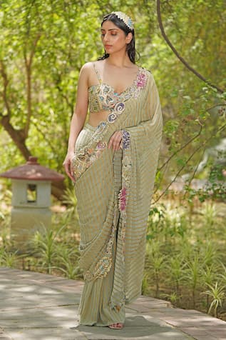 Soniya G Sage Green Pre-Draped Saree & Blouse Set 