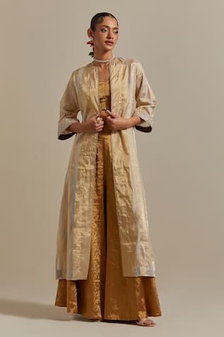 Vinusto Gold & Ivory Handwoven Zari Jacket Set 