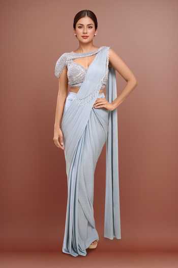 Samyukta Singhania Grey Lurex Georgette Pre-Draped Saree Set 