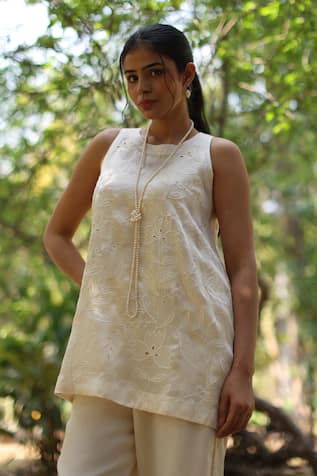 Nazar By Indu White Organza Satin Top & Pant Set 
