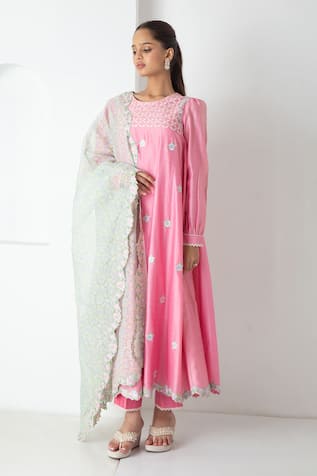 Chhaya Mehrotra Candy Pink Chanderi Kurta Pant Set 