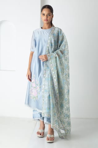 Chhaya Mehrotra Powder Blue Chanderi Kurta Pant Set 