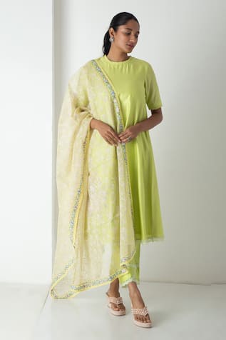 Chhaya Mehrotra Chanderi Raw Mango Green Kurta Set 