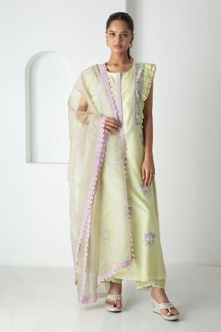 Chhaya Mehrotra Tea Green Chanderi Kurta Pant Set 
