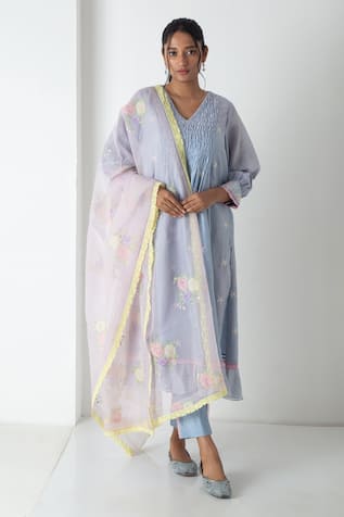 Chhaya Mehrotra Powder Blue Chanderi Kurta Pant Set 