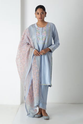 Chhaya Mehrotra Powder Blue Chanderi Kurta Pant Set 
