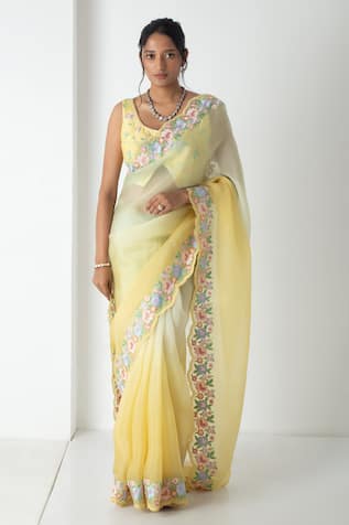 Chhaya Mehrotra Yellow-Green Chanderi Embroidered Saree Set 