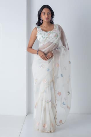 Chhaya Mehrotra Ivory Chanderi Embroidered Saree Set 