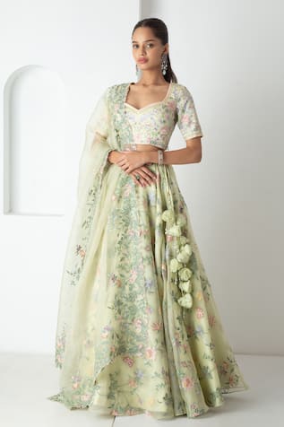 Chhaya Mehrotra Tea Green Embroidered Lehenga Set 
